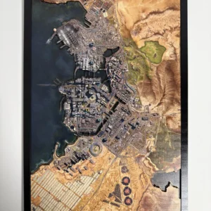 Mapa 3D de Night City Cyberpunk 2077 en relieve de madera enmarcado