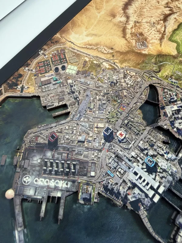 Arasaka torre Map Detalle de la Torre Arasaka y distritos centrales en mapa de madera de Cyberpunk