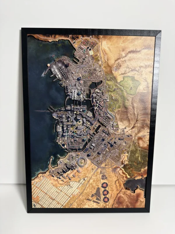 Mapa enmarcado Night City Cyberpunk 2077 3D relieve impreso en uv Mapa 3D de Night City Cyberpunk 2077 en relieve de madera enmarcado