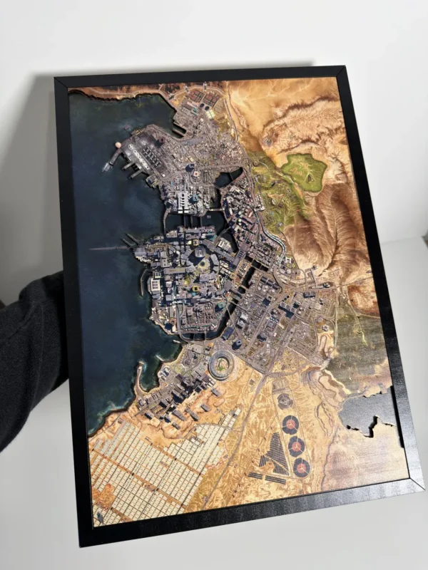 Map 3D night city cyberpunk Perspectiva lateral del relieve 3D en el mapa de madera de Night City